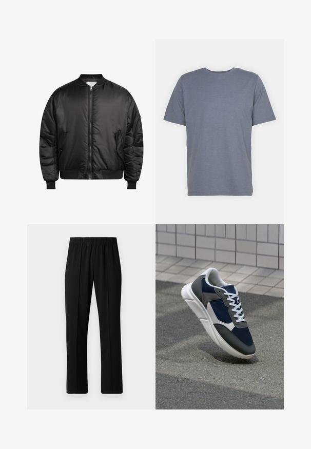 Redefined Rebel TRACE JACKET - Bomber Jacket - black; Gray short-sleeve T-shirt with a round neck, made of soft cotton blend fabric. Simple design, no patterns or accents.; Black, elastic-waist trousers with a straight-leg design, featuring a smooth texture and no visible patterns or hardware.; Sneaker featuring a navy blue mesh upper, gray suede accents, white rubber sole, and flat white laces, designed for comfort and breathability.