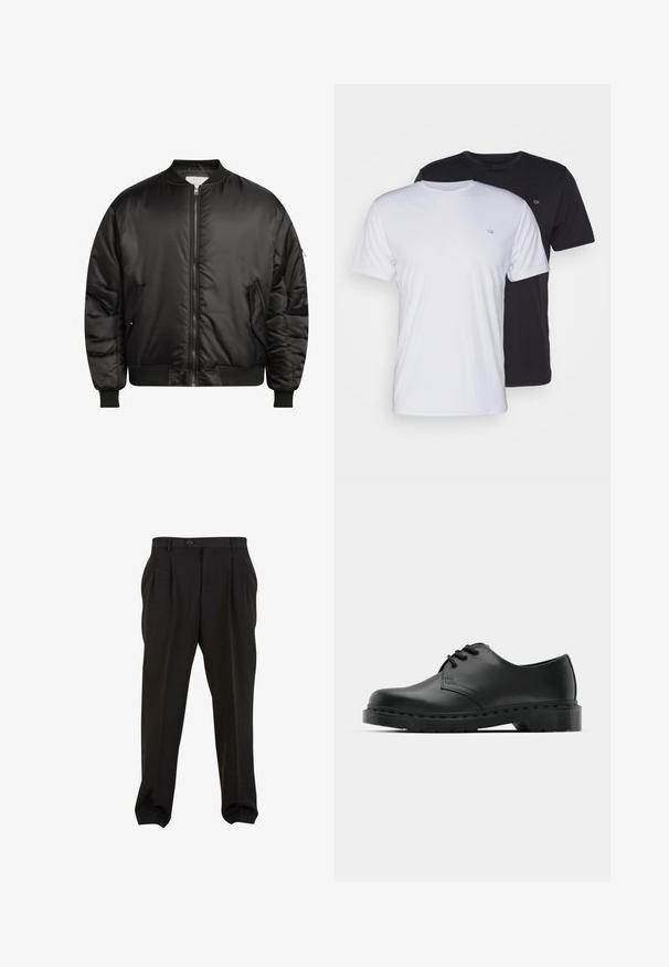 Redefined Rebel TRACE JACKET - Bomberjacke - black; Zwei Baumwoll-T-Shirts in Weiß und Schwarz, kurzärmlig mit Rundhalsausschnitt, mit einem kleinen Logo auf der Brust, glatte Textur.; Schwarze Hose aus glattem Stoff mit Frontfalten, einem Knopfbund und schmal zulaufenden Knöchelbündchen. Klassische, taillierte Silhouette.; Schwarze Leder-Oxford-Schuhe mit Schnürdesign, runder Zehenform, flacher Gummisohle und subtilen Nähten entlang des oberen Teils.