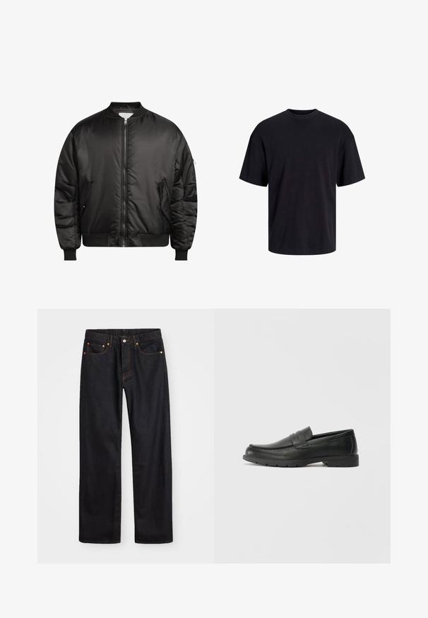 Redefined Rebel TRACE JACKET - Giubbotto Bomber - black; T-shirt in cotone nero con collo rotondo, maniche corte e vestibilità morbida. Texture liscia senza pattern o dettagli visibili.; Jeans neri in denim dritto da uomo con cinque tasche e cuciture arancioni, chiusura con bottone e zip sulla vita anteriore.; Mocassini neri in pelle con una finitura liscia, parte superiore in stile mocassino, dettagli cuciti e suola in gomma. Design classico con tacco basso.