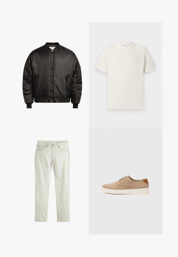 Redefined Rebel TRACE JACKET - Giubbotto Bomber - black; T-shirt bianca a maniche corte in texture a coste. Girocollo, vestibilità rilassata, senza modelli o accenti visibili. Design semplice e versatile.; Levi's® STRAIGHT - Jeans baggy - up the score; Sneaker in suede beige con punta arrotondata, stringhe davanti e un accento testurizzato sul retro. La suola in gomma bianca offre un contrasto. Design semplice e moderno.