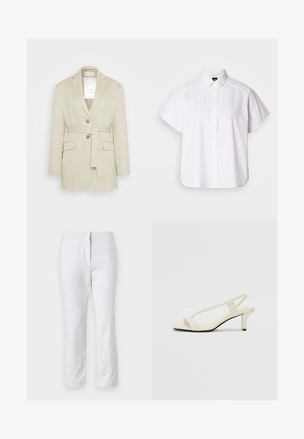 Šviesiai pilkas lino švarkas su diržo juostele, dviem priekinėm kišenėm, įpjovom atlapais ir dviem sagomis. Viduje ant apykaklės matomas etiketė.; Balta trumpomis rankovėmis marškinėlių su atlenkiamu apykakle ir kreiva apačia. Pagaminta iš medvilnės, su sklandžiu paviršiumi ir be matomų raštų.; Balti medvilniniai kelnių su tiesiu kojų dizainu, turintys vidutinį liemenį ir be matomų detalių ar raštų. Lygi tekstūra visame paviršiuje.; Kreminės blokų kulno šlepetės su plonomis dirželiais ir kvadratiniu pirštu. Lygus medžiaga su minimaliais akcentais, sukurtos lengvam dėvėjimui.