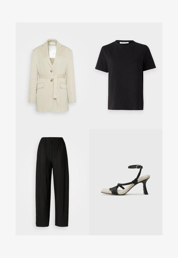 Beige linneblazer med bälte i midjan, två framfickor, slagomberikningar och två knappar. Har en etikett synlig inuti kragen.; Svart kortärmad t-shirt i mjuk bomull, med rund halsringning, avslappnad passform och en mjuk yta. Inga synliga mönster eller tryck.; Svarta plisserade vida byxor med elastisk midjeband. Tyget har vertikala plisseringar och en slät yta.; Svart klacksandaler med flätad remdesign, fyrkantig tå och justerbar vristrem. Ljusbeige fotbädd med glansig svart klack.