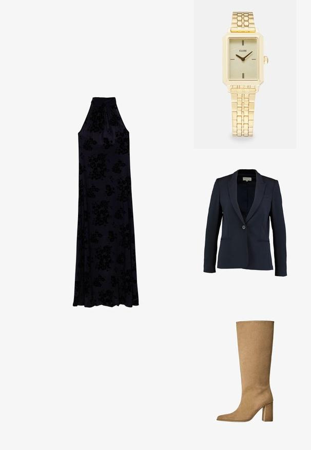 Laivastonsininen bleiseri, jossa on viistetyt kaulukset, yksittäinen nappikiinnitys ja kaksi etutaskua. Sileä kangas ja istuva malli.; Pitkän halter-kaula-aukkoisen mekon tummansinisestä kankaasta, jossa on teksturoitu kukkakuosi. Meidän virtaa pehmeästi kapeasta bodysta täyteen hameeseen.; Vaaleanruskeat mokka pitkävartiset saappaat, joissa on loiva korko, terävä kärki ja sileä pinta. Minimalistinen muotoilu ilman koristeita.; Kankaan vaalea olkalaukku, jossa on rento muotoilu ja yksi olkahihna. Pintarakenteessa on teksturoitu kuvio.; Kultainen suorakulmainen rannekello, jossa on kuvioitu vaaleanvihreä kellotaulu, kaksi mustaa tuntimerkkiä, kultainen metalliranneke ja minimalistinen muotoilu.