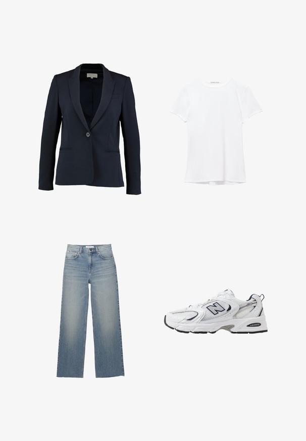 Mornarski blazer s izrezanim reverom, enojnim gumbom za zapiranje in dvema sprednjima žepoma. Gladka tkanina in prilagojen kroj.; Bela kratka majica s kratkimi rokavi iz gladkega materiala, ki ima okroglo ovratnico in subtilne šive na robu.; Svetlo modri široki jeans iz denima, ki imajo visok pas, sprednje žepke in gumbasto zapiranje. Gladka tekstura s poudarjenimi zbledelimi deli.; Bele športne copate z mrežasto zgornjimi deli, mornarskimi naglasnimi barvami in oblazinjeno podplatom. Vključujejo logotip "N", vezalke in teksturirane detajle na strani.