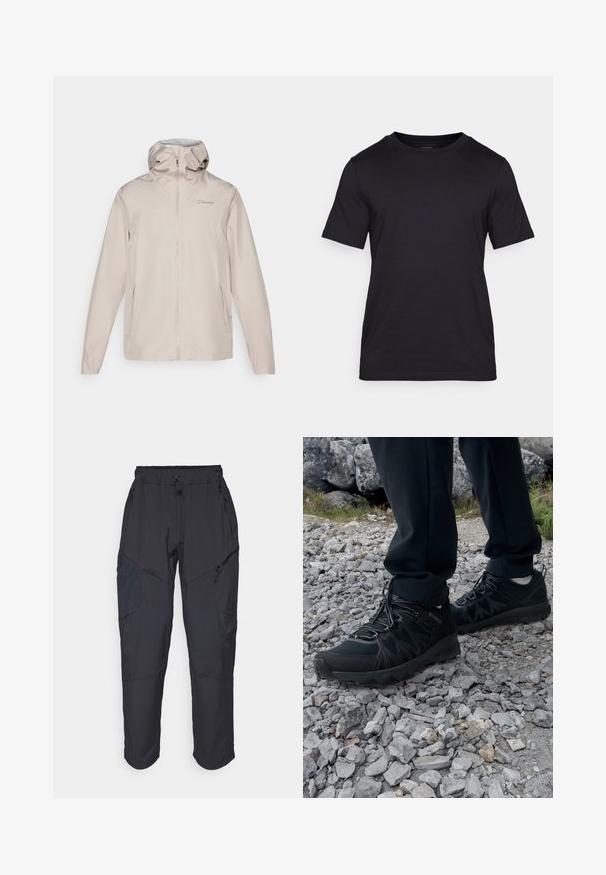 Light beige rain jacket with a hood, made of lightweight, waterproof material. Features a full zip front and elasticized cuffs. Brand logo on chest.; Black T-shirt made of smooth fabric, featuring a crew neckline and short sleeves. Subtle branding printed in black on the chest.; Black cargo pants made from a lightweight, water-resistant material; features elastic waistband, multiple zippered pockets, and tapered legs.; Black outdoor shoes with mesh and synthetic material, featuring a textured upper, secured lacing system, and a rugged outsole, on rocky terrain.