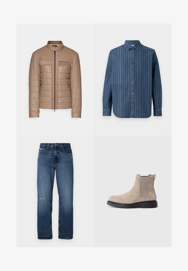 Guess BIKER - Sommerjakke - walnut shell; Samsøe Samsøe SADAMON SHIRT - Button down-skjorte - denim; Blå denim jeans med rett ben-design. Har falmede områder og lett slitasje foran, med en klassisk knappeåpning.; Beige semsket Chelsea-støvel med elastiske sidestriper, en hanke, og en svart gummisåle. Elegant og avrundet tådesign.