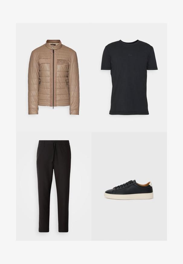 Guess BIKER - Casaco de verão - walnut shell; T-shirt de algodão preto com decote redondo, mangas curtas e o discreto logótipo "BOSS" ao centro. Tecido suave e corte padrão.; Calças de jogging pretas feitas de tecido liso. Apresentam uma cintura elástica com cordão, pernas ligeiramente ajustadas e sem bolsos visíveis. Design simples.; Tenis de couro preto com uma textura suave, sola de borracha bege, design de atar e um destaque no calcanhar em contraste.