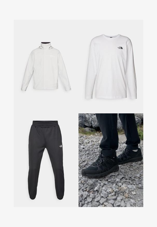 Giacca leggera bianca impermeabile con alto colletto, cappuccio regolabile, maniche lunghe e logo sul lato sinistro del petto. Texture liscia.; T-shirt bianco a maniche lunghe in cotone con colletto rotondo. Presenta un piccolo logo nero sul petto. Texture liscia, vestibilità regolare.; Pantaloni sportivi neri con vita regolabile tramitecordino, vestibilità affusolata, polsini elasticizzati e un piccolo logo bianco sulla coscia sinistra, realizzati in tessuto morbido.; Scarpe da esterni nere realizzate in mesh e materiale sintetico, con una parte superiore testurizzata, un sistema di allacciatura sicuro e una suola robusta, su terreno roccioso.
