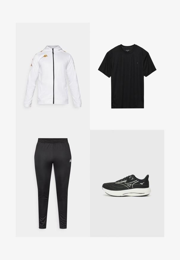 Witte zip-up jacket met een capuchon. Heeft gouden accenten en logo's langs de schouders. Zachte stof met een aangesloten ontwerp.; Zwart T-shirt met korte mouwen, gemaakt van zachte stof, met een ronde halslijn en een klein zwart geborduurd logo op de linkerborst.; Zwarte sportbroeken van glad, rekbaar stof, met een elastische tailleband en een wit logo op de linkerdij.; Zwarte hardloopschoenen met een gemêleerde mesh bovenkant, een witte middenzool en lichtgrijze accenten; voorzien van een vetersluiting en een ronde neus.