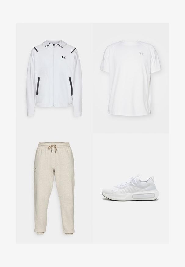 Bela zip-up kapuca s kapuco, črnimi poudarki in dvema stranskima žepoma. Narejena je iz gladkega, lahkega materiala s prilegnjeno zasnovo.; Bela kratka športna majica s kratkimi rokavi, izdelana iz gladkega blaga. Ima okroglo ovratnico in sivo logotip na levi prsi ter stranske razpoke na robu.; Beige trenirke iz mehkega, teksturiranega materiala z elastičnim pasom in vrvico za zategovanje. Imajo stranski logo in zožene gležnje za sproščen fit.; Bela športna čevlja s teksturirano pletenino, vezanjem na vezalke, blaženim podplatom in značilnim logotipom na strani.