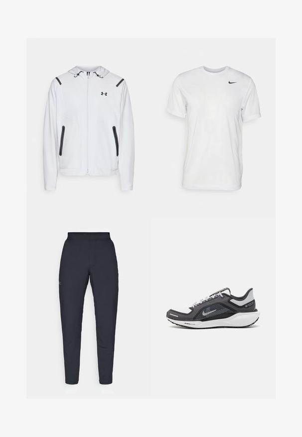 Λευκό φούτερ με φερμουάρ και κουκούλα, μαύρες λεπτομέρειες και δύο πλαϊνές τσέπες. Κατασκευασμένο από ένα λείο, ελαφρύ ύφασμα με εφαρμοστή σχεδίαση.; Λευκό κοντομάνικο T-shirt από απαλό ύφασμα. Διαθέτει στρογγυλή λαιμόκοψη και ένα μικρό μαύρο λογότυπο Nike στο αριστερό στήθος.; Μαύρο αθλητικό παντελόνι με λεία υφή, στενή εφαρμογή, ελαστική μέση και πλαϊνές τσέπες. Διαθέτει ένα μικρό λογότυπο στον αριστερό μηρό.; Μαύρο και γκρι αθλητικό παπούτσι με επάνω μέρος από διχτυωτό υλικό, ανακλαστικές λεπτομέρειες και λευκή μεσαία σόλα. Διαθέτει υφή από καουτσούκ στην εξωτερική σόλα και κορδόνια.