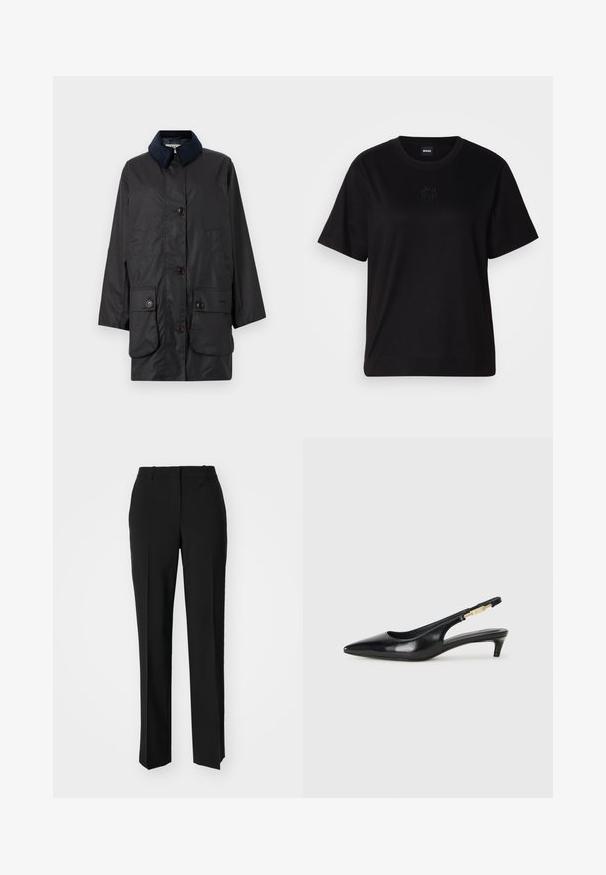 Barbour THE EDIT BY ALEXA - Parca - navy; T-shirt de algodão preto com decote redondo, mangas curtas e um logótipo bordado no peito. Corte simples e descontraído, sem padrões.; Calças pretas de corte ajustado com um design de perna reta, apresentando uma textura lisa e pregas bem definidas na frente. Sem hardware visível.; Saltos slingback em couro preto com bico fino, apresentando um salto esguio e um detalhe em tom dourado na alça ajustável. Textura suave.