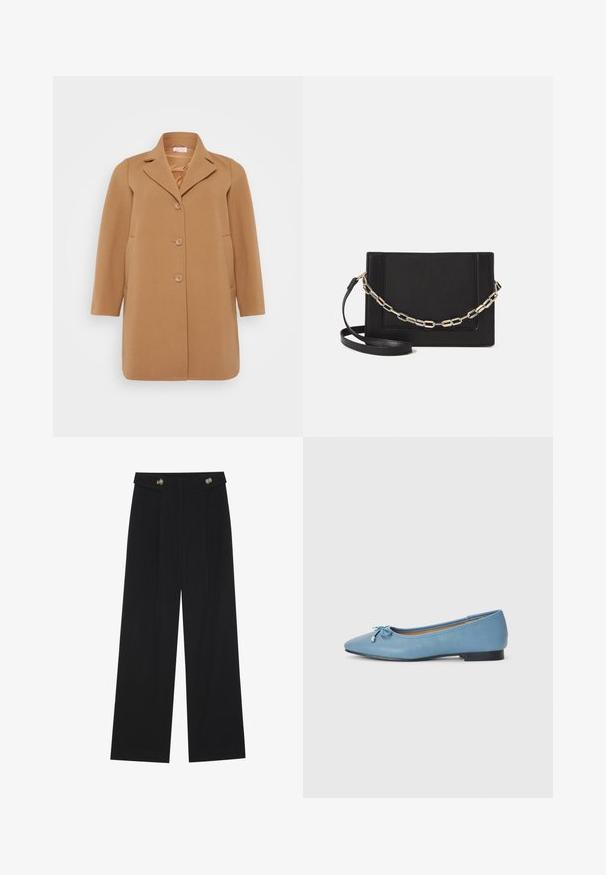 Kamela plašč iz mešanice volne, z zaznanimi ovratniki, tremi gumbi in stranskimi žepe. Tkanina ima gladko teksturo.; Dve brezrokavne majice v črni in beli barvi. Narejene iz mehkega, raztegljivega materiala z rebrasto teksturo in oprijetim dizajnom. Imajo ozke naramnice.; Črne široke hlače s visokim pasom, gumbnimi detajli na pasu in sprednjimi gubami.; Svijetloplavi kožni baletni stan s istaknutim nosom, s malim lukom kao ukrasom i niskim crnim potplatom. Glatka tekstura s detaljima šivanja.; Črna usnjena torba čez ramo z gladko teksturo, pravokotno obliko in kovinskim verižnim detajlom spredaj. Vključena je nastavljiva naramnica.; Štiri srebrne Prstane z različno oblikovanjem: zvit trak, plastične krivulje, nežni kristali in gladek trak z malimi poudarki.