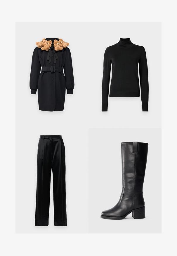Fekete kabát, teddy maci applikációs gallérral, övvel a deréknál és hosszú puffos ujjak. Az anyag simának tűnik, strukturált dizájnnal.; Fekete, hosszú ujjú garbós pulóver bordás mandzsettákkal és aljjal, sima fehér háttér előtt bemutatva.; Fekete magas derekú selyem nadrág, egyenes, széles lábakkal, övhurkokkal és lapos elülső záródással, sima fehér háttér előtt.; Fekete bőr, térd fölé érő csizmák sima textúrával, négyzetes orral, tömbsarkúval és oldalsó húzófüllel, minimális varrási részletekkel.