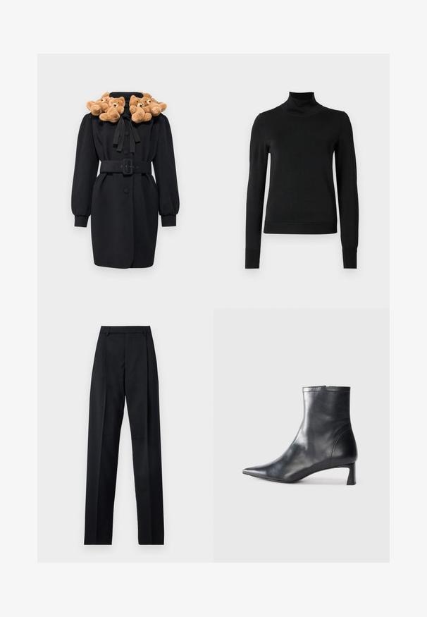 Fekete kabát, teddy maci applikációs gallérral, övvel a deréknál és hosszú puffos ujjak. Az anyag simának tűnik, strukturált dizájnnal.; Fekete, hosszú ujjú garbós pulóver bordás mandzsettákkal és aljjal, sima fehér háttér előtt bemutatva.; Fekete nadrág sima anyagból, magas derékkal, széles lábakkal, elülső redőkkel és klasszikus övhurkokkal. Oldalzsebek nem láthatók.; Fekete bőr bokacsizma hegyes orral és letisztult dizájnnal. Alacsony sarka és hátsó cipzáras záródása van. Simának tűnő textúra.