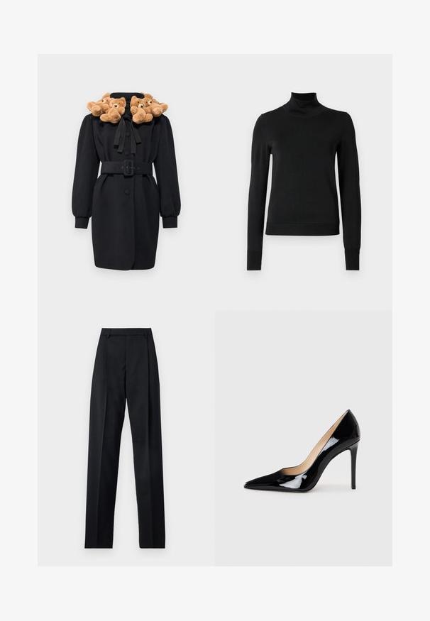 Melna mēteli ar teddy bear aplikāciju uz apkakles, jostu viduklī un garām puffa piedurknēm. Audums izskatās gluds ar strukturētu dizainu.; Melnas garām piedurknēm turtlenecks džemperis ar ribotām aprocēm un apakšmali, attēlots uz vienkārša balta fona.; Melnas bikses, izgatavotas no gludas auduma, ar augstu vidukli, platiem bikšu galdniekiem, priekšējiem krokām un klasiskām jostu cilpām. Sānu kabatas nav redzamas.; Melnā lakota ādas augstpapēžu kurpe ar norādītas formas purngalu un elegantu siluetu. Iespēj gludu, spīguļojošu apdari un šauru stiletto papēdi.
