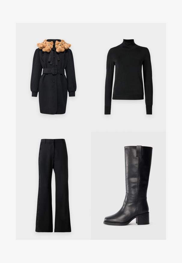 Črn plašč z aplikacijo v obliki medvedka na ovratniku, s pasom in dolgimi napihnjenimi rokavi. Tkanina deluje gladko z strukturirano zasnovo.; Črni pulover s dolgimi rokavi in vratnikom, z rebrastimi манжетами in robom, prikazan na enobarvni beli podlagi.; Črne široke hlače iz lahkega materiala z čipkastim robom ob straneh. Strukturiran pas in gladka, svilnata tekstura.; Črne usnjene škornje do kolen z gladko teksturo, kvadratnim nosom, blok peto in stranskimi zankami za obuvanje, ki vsebujejo minimalne šive.