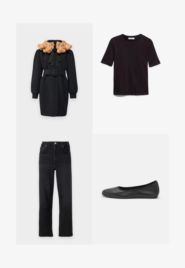 Crni kaput s aplikeom medvjedića na ovratniku, pojasom u struku i dugim napućenim rukavima. Tkanina izgleda glatko s strukturiranim dizajnom.; Crna majica s kratkim rukavima od mekog pamuka, s okruglim izrezom i glatkom, ravnom teksturom, minimalističkog dizajna.; Crna straight-leg traperice izrađene od denima. Imaju pet džepova, zakopčavanje na dugme i rajsferšlus, te suptilne detalje šivanja.; Crne kožne baletanke s zaobljenim vrhom, glatke teksture, minimalnim detaljima šavova i fleksibilnim dizajnom potplata.