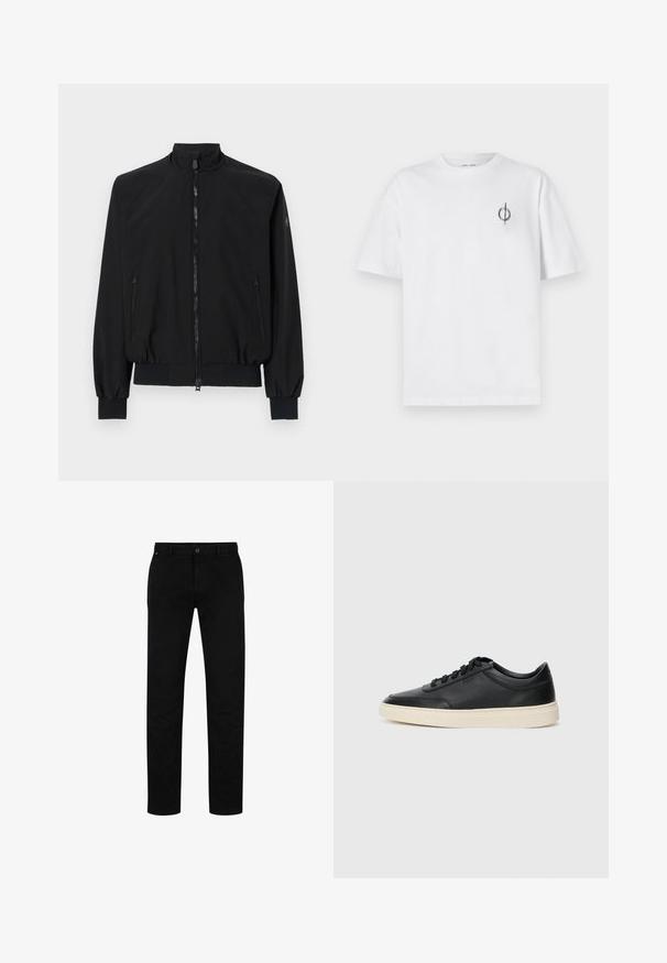 Crna bomber jakna s visokim ovratnikom, prednjim zatvaračem na zip, dva bočna džepa na zip, elastičnim manžetama i teksturiranim materijalom.; Bijela pamučna majica s opuštenim krojem, s malim crnim grafičkim logotipom na lijevoj prečki. Kratki rukavi, okrugli izrez.; Crne pamučne hlače ravnog kroja, s kopčanjem na dugme, petljama za remen i minimalističkim dizajnom. Glatka tekstura, bez uzoraka.; Crne niske kožne tenisice s crnim vezicama i kremasto bijelom potplatom prikazane u bočnom profilu na bijeloj pozadini.