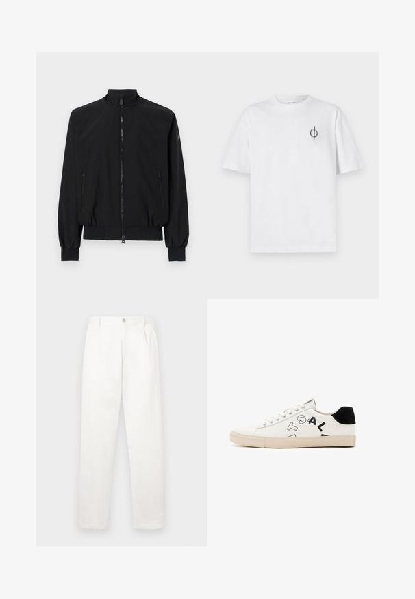 Μαύρο μπουφάν bomber με ψηλό λαιμό, μπροστινή φερμουάρ κλείσιμο, δύο πλευρικές τσέπες με φερμουάρ, ελαστικούς μανίκους και υφασμάτινη υφή.; Λευκό βαμβακερό t-shirt με άνετη εφαρμογή, που διαθέτει ένα μικρό μαύρο γραφικό λογότυπο στην αριστερή πλευρά του στήθους. Βραχίονες κοντοί, στρογγυλή λαιμόκοψη.; Λευκά παν trousers κατασκευασμένα από μαλακό ύφασμα, με ευθεία σχεδίαση, πτυχές μπροστά και κλείσιμο με ένα κουμπί στη μέση.; Λευκό δερμάτινο αθλητικό παπούτσι με μαύρες λεπτομέρειες στη φτέρνα, που διαθέτει έντονη μαύρη επιγραφή στο πλάι και καουτσούκ σόλα. Μινιμαλιστικός σχεδιασμός.