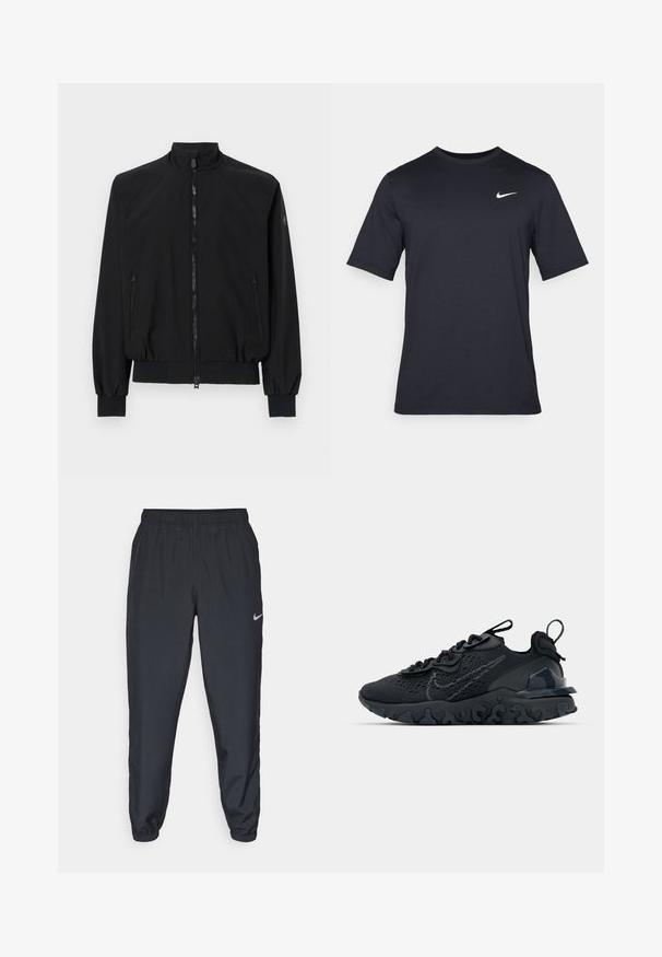 Veste bomber noire avec un col montant, fermeture éclair sur le devant, deux poches latérales zippées, poignets élastiques et un tissu texturé.; T-shirt noir à manches courtes Nike en tissu lisse, arborant un logo swoosh blanc sur le côté supérieur gauche, col rond.; Pantalon de jogging noir en tissu léger avec une ceinture élastique, des poignets aux chevilles et un logo Nike discret sur le côté gauche.; Chaussure de sport noire avec une tige en mesh respirant, des accents texturés et une semelle en caoutchouc ondulée. Comprend un logo réfléchissant et un système de laçage.