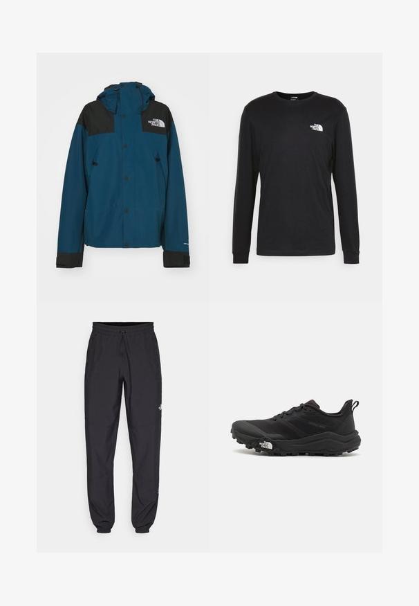 Jachetă impermeabilă teal și neagră cu glugă, dotată cu butoane cu capse, șnururi ajustabile și logo pe partea superioară stângă.; Tricou negru cu mânecă lungă din bumbac, având un logo alb pe partea stângă a pieptului și mansete cu țesătură fină. Textură netedă cu decolteu rotund.; Pantaloni atletici negri, confecționați dintr-un material ușor, cu un tiv elastic la talie, buzunare laterale și tivuri ajustate la gleznă.; Pantofii de alergare pe teren accidentat, de culoare neagră, cu un superior texturat, talpă din cauciuc și vârf întărit. Prezintă un guler căptușit și o bandă de prindere pentru îmbrăcare ușoară.