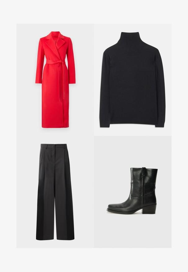 MAX&Co. LONGRUN - Klasszikus kabát - red; Fekete garbó pulóver puha anyagból. Hosszú ujjakkal, magas nyakkal és bordázott mandzsettákkal, valamint aljjal rendelkezik, ami karcsú megjelenést kölcsönöz.; Fekete, bő szárú nadrág magas derékkal, elöl plissékkel, sima felülettel és igényes kidolgozással. Kényelmes viseletre tervezve.; Fekete bőr bokacsizma lekerekített orral, blokk sarkúval, oldalsó cipzárral és varrásos díszítéssel az elején. Simább textúra, klasszikus dizájn.