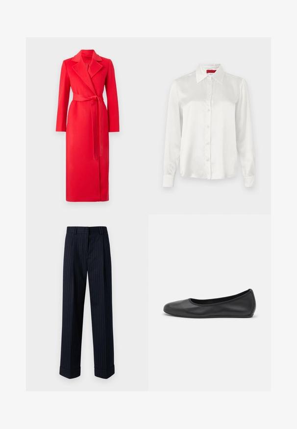 MAX&Co. LONGRUN - Klassischer Mantel - red; Weißes Satin-Hemd mit langen Ärmeln, Kragen, Knopfverschluss und geraden Manschetten. Glatte Textur und minimalistisches Design.; Marineblaue Weite-Hosen mit einem goldenen Streifenmuster, gefertigt aus einem glatten Stoff, mit umgeschlagenen Säumen und vorderen Taschen.; Schwarze Leder-Ballettschuhe mit abgerundeter Spitze, glatter Textur, minimalen Nähdetails und einem flexiblen Sohlen-Design.