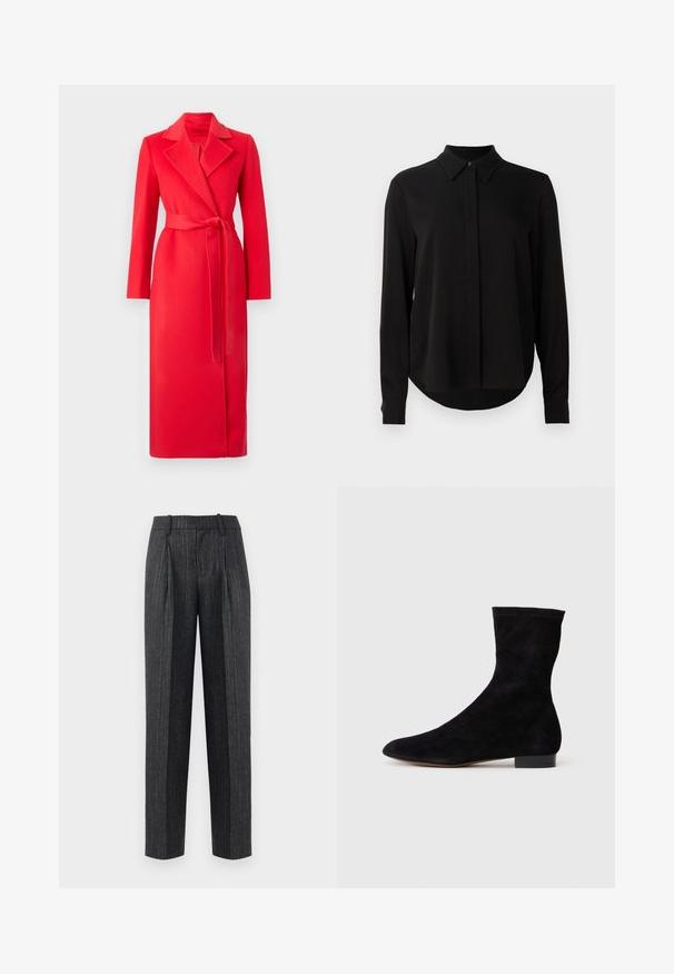 MAX&Co. LONGRUN - Classic coat - red; Black long-sleeve blouse with pointed collar, concealed button placket, and curved hem against a plain white background.; Tailored trousers in dark gray fabric with light pinstripes, featuring a straight cut, front pleats, and a smooth texture.; Black suede ankle boot with a fitted shaft, pointed toe, and a low block heel. Smooth texture and minimalistic design, suitable for versatile styling.