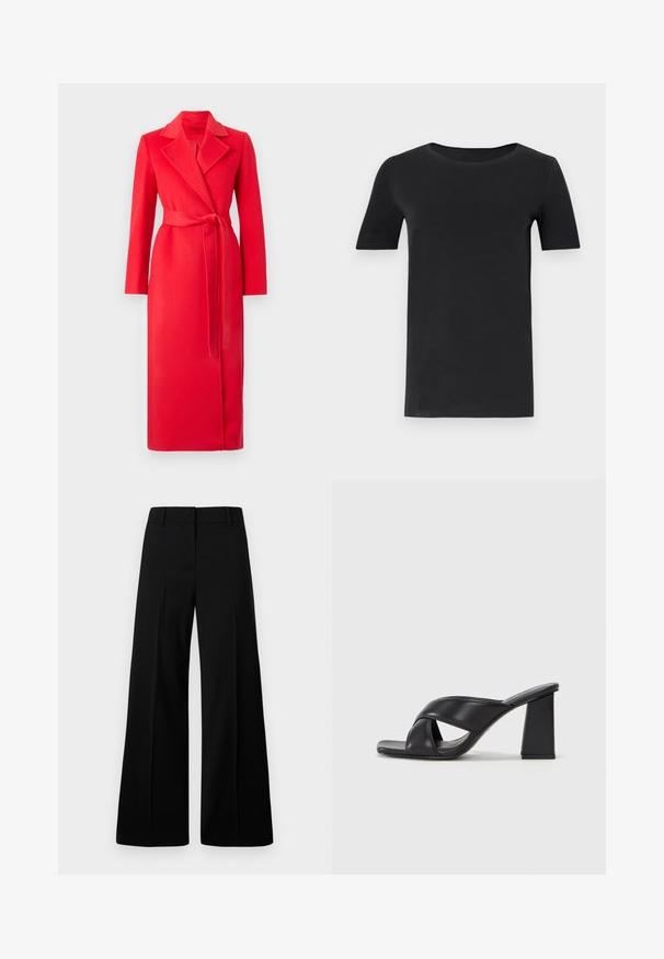 MAX&Co. LONGRUN - Klassisk kappa / rock - red; Svart kortärmad t-shirt i mjuk bomull, med rund halsringning och klassisk passform. Slät textur, inga mönster eller dekorationer.; Svarta vida byxor med en slät yta, strukturerad midja och framvikningar. Minimalistisk design utan synlig hårdvara.; MAX&Co. SOHO - Sandaletter - schwarz