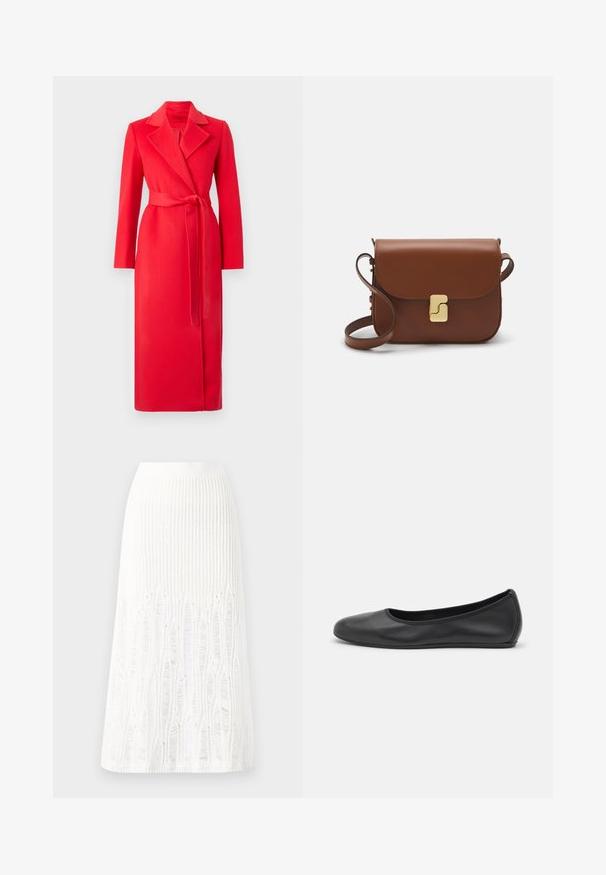 MAX&Co. LONGRUN - Klassinen takki - red; Valkoinen lyhythihainen t-paita, joka on valmistettu ribbytedusta kankaasta. Pyöreä pääntiie, normaali istuvuus ja hienovaraiset ompeluyksityiskohdat. Ei kuvioita tai grafiikkaa.; Neule valkoinen midimittainen hame, jossa on teksturoitu kuvio, jossa on pystysuoria viivoja ja aukkoja helmassa. Joustava vyötärö. Pehmeä materiaali.; Musta nahkainen ballerina, jossa on pyöristetty kärki, sileä pinta, minimaalinen ommelkoristelu ja joustava pohjamuotoilu.; Ruskea nahkainen käsilaukku, jossa on läppäkiinnitys, kultasävyiset yksityiskohdat, olkahihna ja sileä pinta. Kompaktin suorakaiteen muotoinen.