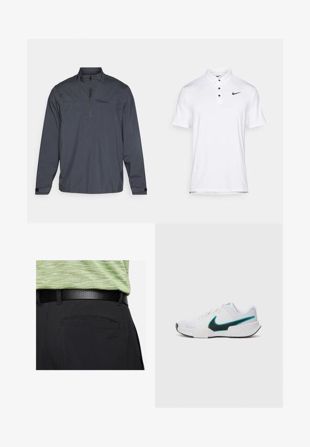 Veste pull en gris foncé avec une fermeture éclair à quart, comprenant une poche frontale et des poignets en velcro, fabriquée en tissu léger et lisse.; Polo shirt Nike blanc avec un col classique, trois boutons noirs, et un petit logo noir sur le côté supérieur gauche. Manches courtes, texture lisse.; Pantalons de golf Nike noirs, présentant une texture lisse, des passants de ceinture, une ceinture perforée noire et une poche fendue, complétés par une chemise rayée verte.; Chaussure de sport blanche avec une tige en mesh texturé, semelle en caoutchouc noire et accent en teal sur le logo Nike. Équipée de lacets et d'un col rembourré.