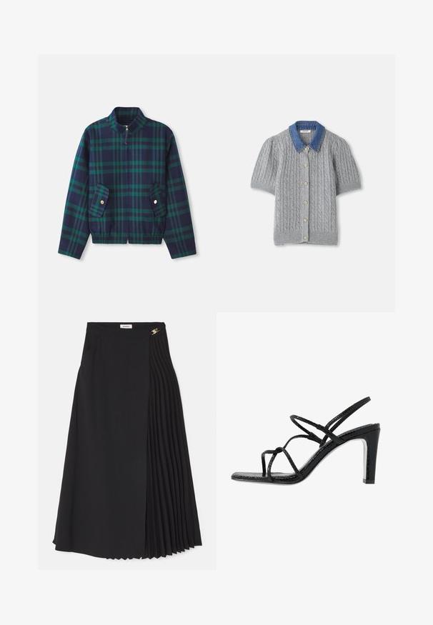Kariertes Jackett in Marineblau und Grün, mit Stehkragen, Frontreißverschluss und zwei Seitentaschen mit goldenen Knöpfen. Elastischer Bund.; Graue gestrickte Kurzarm-Cardigan mit einem Zopfmuster, ausgestattet mit einem Denim-Kragen und fünf goldenen Knöpfen auf der Vorderseite.; Schwarze Midirock mit Plissee-Design auf einer Seite, aus leichtem Stoff gefertigt, mit unsichtbarem Reißverschluss und Seitentaschen.; Schwarze Absatzsandalen mit dünnen Riemen, strukturiertem Finish, offener Zehenpartie und einem eleganten, spitzen Absatzdesign. Verfügt über eine glatte Innensohle und eine glänzende Oberfläche.