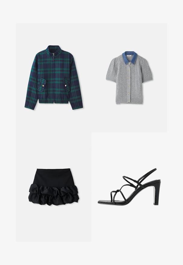 Jachetă în carouri, de culoare albastru marin și verde, cu guler stand, fermoar frontal și două buzunare laterale cu butoane aurii. Talie elastică.; Cardigan tricotat gri, cu mânecă scurtă și model în cabluri, având un guler din denim și cinci nasturi aurii în față.; Fustă mini neagră cu un top ajustat și trei straturi de material plisat în partea de jos, având o textură netedă și linii curate.; Sandale negre cu toc, cu barete subțiri, finisaj texturat, vârful deschis și un design elegant al tocului ascuțit. Au o talpă interioară netedă și o suprafață strălucitoare.