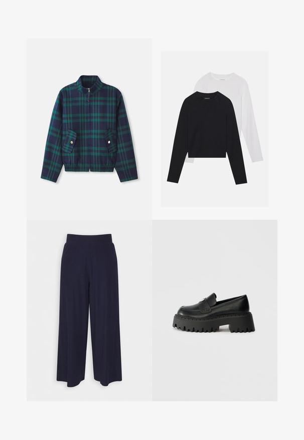 Karirani sako u tamnoplavoj i zelenoj boji, s uspravnim okovratnikom, prednjim patentnim zatvaračem i dva bočna džepa s zlatnim gumbima. Elastična pojasna traka.; Dvije majice dugih rukava: jedna crna i jedna bijela. Obje imaju okrugli izrez, raglan rukave i mekani pamuk korišten za izradu.; Hlače širokih nogavica od tamnoplavog materijala s reljefnom teksturom. Imaju glatki pojas i lepršavi siluet, dosežu do sredine potkoljenice.; Crni kožni loafer s debelim, masivnim gumiranim potplatom koji ima nazubljeni rub i jedan dekorativni metalni detalj na gornjem dijelu.