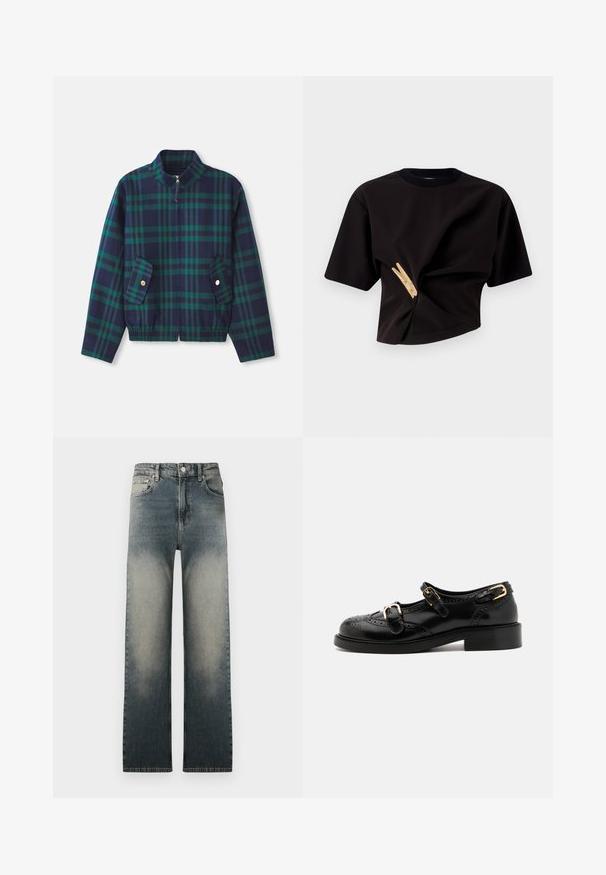 Ruitjesjacket in marineblauw en groen, met een staande kraag, frontrits en twee zijzakken met gouden knopen. Elastische tailleband.; Zwart cropped T-shirt met korte mouwen, voorzien van een gedraaide design en een decoratieve gele wasknijperversiering aan de voorkant.; Hoge taille rechte spijkerbroek met vervaagde licht en donker denimwas en klassieke five-pocket ontwerp.; Zwarte leren schoenen met brogue-details, voorzien van twee gespsluitingen, een ronde neus en een lage hak. Glad oppervlak met een glanzende afwerking.