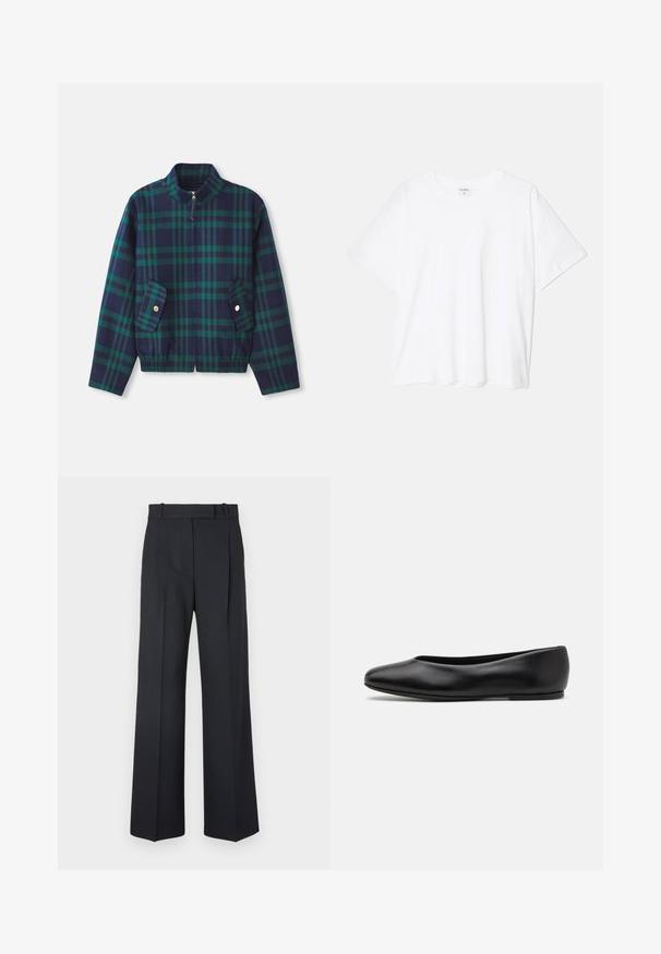 Kariertes Jackett in Marineblau und Grün, mit Stehkragen, Frontreißverschluss und zwei Seitentaschen mit goldenen Knöpfen. Elastischer Bund.; Weißes Baumwoll-T-Shirt mit kurzen Ärmeln, runder Halslinie, lockerer Passform und genähtem Saum. Etikett sichtbar am inneren Kragen.; Dunkelblaue Nadelstreifenhosen mit hoher Taille, weit geschnittenem Bein und ohne sichtbare Beschläge oder Verzierungen. Glatte Textur und taillierte Passform.; Paul Smith TOPANGA - Klassischer Ballerina - black