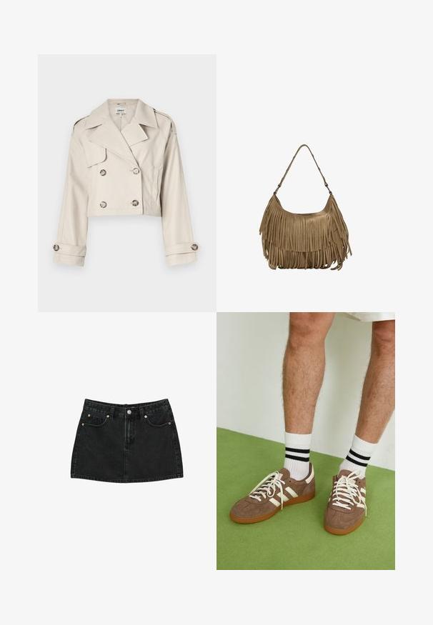 Krojeni bež plašč z dvojno zadrgo, velikimi ovratniki in zavihanimi rokavi. Gladek material z prilagojenim prileganjem.; Stradivarius HALTER WITH EMBROIDERY - Bluza - black; Črna denim mini krila z gumbi spredaj, zankami za pas in dvema sprednjima žeparjema s bakrenimi zakovicami, položena na belo ozadje.; Rjavi semiš športni čevlji z belimi detajli in vezalkami. Gumijast podplat. Nošeni z belimi nogavicami z črnimi črtami. Zelena teksturirana talna obloga.; Rjava zamskasta torbica z dolgimi resicami, ukrivljenim oblikovanjem in enim naramnim trakom. Ima gladko, teksturirano površino.