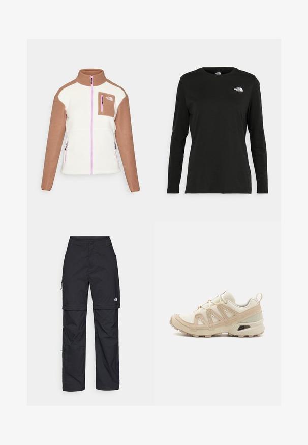 Fliisikombinesooniga, millel on valge keha ja pruunid varrukad, kõrge krae, esineveti ja väike rinnaeend, millel on roosa tõmblukk. Omab logo.; Must mustahiheline T-särk, millel on pikad varrukad, valmistatud puuvillast ja ümarast kaelusest. Vasakul rinnal on väike valge logo. Lihtne disain ja sobivus.; Mustad nailonist valmistatud eemaldatavad cargo-püksid, reguleeritavate pahkluudega, mitmete taskutega ja paremal jalal logoga. Sile, kerge tekstuur.; Beež ja koobalti spordijalats tekstureeritud võrkkattega, toetavad ülemised kihid ja kummist tallaga, millel on mustriga joonistus haardeks.