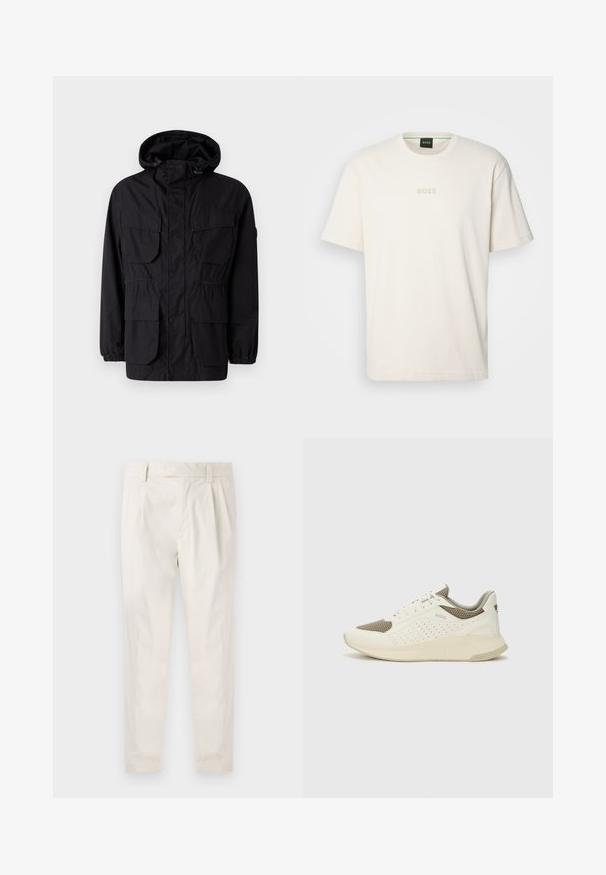 Must mustaga, mis on valmistatud kerge kangast, sisaldab nelja esikotti, elastseid mansette ja reguleeritavat vööd parema sobivuse tagamiseks.; BOSS TEE - Lihtne T-särk - open white; Valged volditud püksid, mis on kohandatud sobivusega, sujuva tekstuuriga, vööloopidega ja kitsenevate jalgadega. Pole nähtavaid taskuid ega mustreid.; Valge ja heledat beeži värvi spordijalats, millel on õhuke võrkmaterjal, perforatsioonidega detailid ning tekstuuriga vahetald, millel on brändi logo kannaosas.