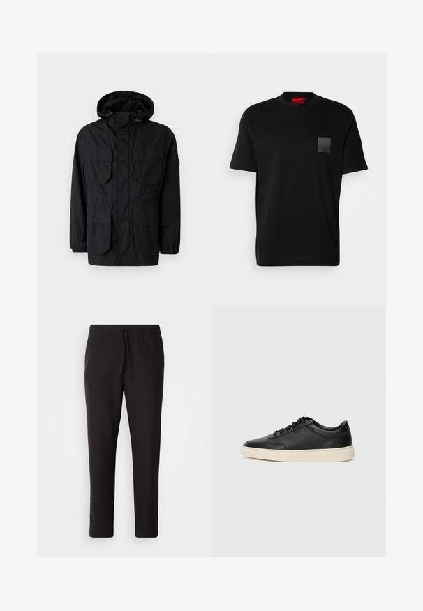 Juodas gobtuvėlis pagamintas iš lengvo audinio, turintis keturias priekinės kišenes, elastines rankoves ir juosmenį, kurį galima pritaikyti.; Juodas medvilnės marškinėliai su apvalia iškirpte, su tekstūruotu juodu uždėklu su logotipu kairėje krūtinės pusėje. Trumpomis rankovėmis ir laisvu fasonu.; Juodi džinsai, pagaminti iš lygaus audinio. Yra elastinė juosmens juosta su raišteliu, siaurėjantys džinsai, be matomų kišenių. Paprastas dizainas.; Juoda žema viršutinė odinė sportbačiai su juodais raišteliais ir kreminiu padu, pateikti šoniniame profilyje ant baltos fono.