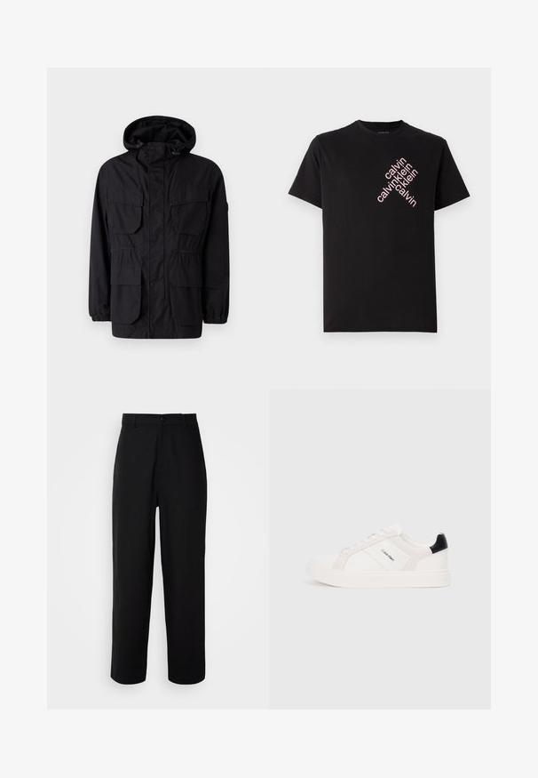 Musta huppari, joka on valmistettu kevyestä kankaasta. Siinä on neljä etutaskua, joustavat hihansuut ja nyöritettävä vyötärö, joka mahdollistaa säädettävän istuvuuden.; Mustat puuvillaiset t-paidat, joissa on vinosti pinkki "calvin klein" -logoscreeni edessä. Lyhyet hihat ja pyöreä kaula-aukko.; Mustat housut, jotka on valmistettu sileästä kankaasta, suoran lahkeen muotoilulla, etupainikkeella suljettuna ja sivutaskuilla.; Valkoiset tennarit, joissa on vaaleanpunaisia ja mustia yksityiskohtia, sisältäen sileän nahka- ja mokkapinnan, pyöreä kärki ja litteä kumipohja.