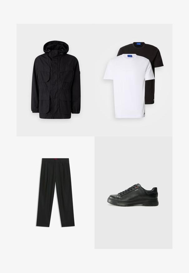 Black hooded jacket made of lightweight fabric, featuring four front pockets, elastic cuffs, and a cinched waist for adjustable fit.; Two T-shirts stacked: one white and one black. Short sleeves, round necklines, cotton fabric. Features a small blue logo at the neckline.; Black trousers with a pleated design, wide leg shape, and a smooth texture. Features a red waistband tag.; Black leather sneaker with textured upper, padded collar, and red logo detail. Features a thick rubber sole with distinct tread pattern.