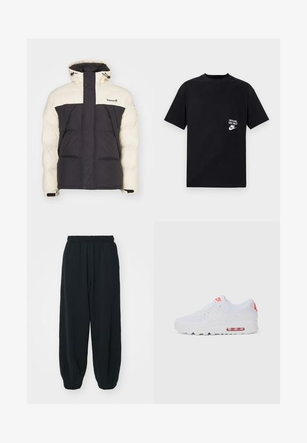 Giacca imbottita con parte superiore crema e parte inferiore grigia scura, colletto alto, cappuccio regolabile e tasche frontali. Logo sulla parte del petto.; T-shirt in cotone nero con maniche corte, scollatura rotonda, con testo bianco "USO UFFICIALE SOLO" e logo Nike sul petto sinistro.; Pantaloni da jogging neri con vita elasticizzata, dalla vestibilità morbida, caviglie a costina, texture liscia e senza motivi visibili o dettagli in metallo.; Sneaker atletica bianca con tomaia liscia, chiusura con lacci, suola ammortizzata e un'unità d'aria visibile con accenti rossi sul branding.