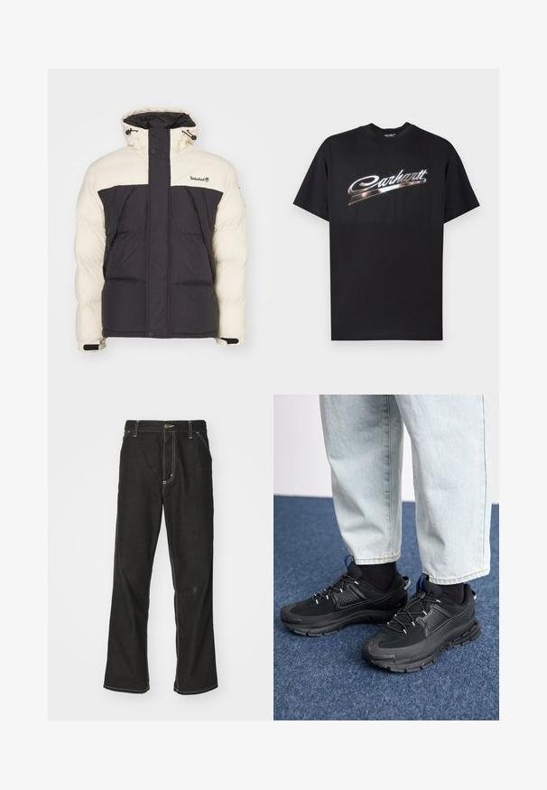 Jakna s podstavom koja ima krem gornji deo i tamnosivi donji deo, s visokim ovratnikom, podesivom kapuljačom i prednjim džepovima. Logo na području grudi.; Crna pamučna majica s kratkim rukavima i okruglim izrezom, s sjajnim srebrnim natpisom "Carhartt" u stiliziranom fontu preko prsa.; Crne traperice s opuštenim krojem, s kontrastnim bijelim šavovima, zakovicom za zatvaranje i ravnim nogavicama.; Crne atletske cipele s teksturiranom tkaninom i gumene potplate, s elastičnim vezicama i plavim akcentom na peti. Nosene su s svijetlim trapericama.