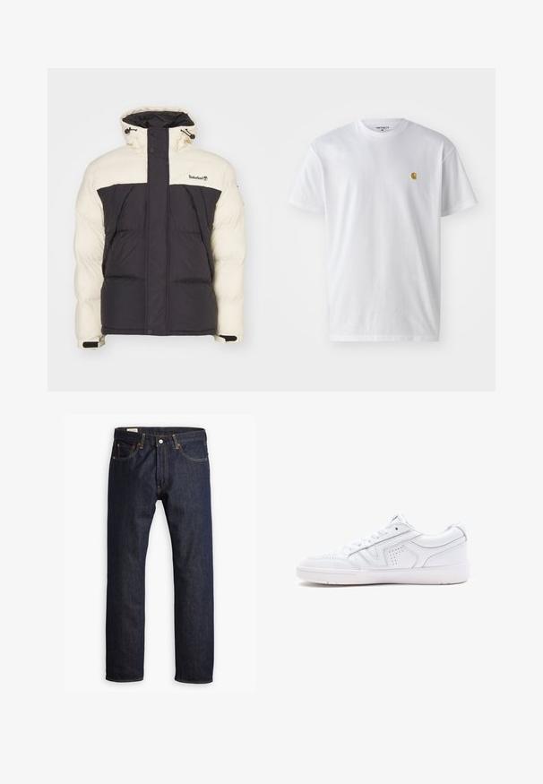 Padded jacket s krémovým horným dielom a tmavo šedým dolným dielom, s vysokým golierom, nastaviteľnou kapucňou a prednými vreckami. Logo na oblasti hrude.; Biele bavlnené tričko s krátkymi rukávmi, okrúhlym výstrihom, s malým zlatým logom na ľavej strane hrude. Mäkká textúra a normálny strih.; Tmavomodré denimové džínsy s rovnými nohavicami, oranžovým prešívaním a štýlom piatich vreciek s kovovým zapínaním na gombík.; Biele kožené tenisky s nízkym dizajnom, okrúhlou špičkou, perforovanými detailmi a štruktúrovanou podrážkou. Súčasťou sú šnúrky a diskrétne prešitie.