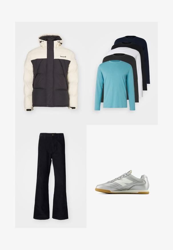 Pildījuma jaka ar krēmīgu augšdaļu un tumši pelēku apakšdaļu, ar augstu apkakli, regulējamu kapuci un priekšējām kabatām. Mārkings uz krūšu zonas.; Pieci garie piedurkņu T-krekli rindā: tirkīza, melna, balta, tumši pelēka un jūras zila. Mīksts audums ar apaļu kakla izgriezumu un standarta piegriezumu.; Melnas kokvilnas flared bikses ar tradicionālo jostasvietu, vienu priekšējo pogu un kabatām sānos un aizmugurē. Raita tekstūra.; Sudraba sporta apavi ar gludu, spīdīgu virsmu, balto logo sānos, teksturētām pelēkajām šņorēm un gumijas zoli.