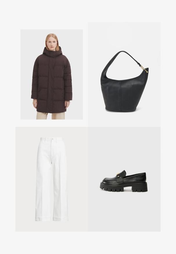 Brun pufferjakke med høj hals og hætte, der har en knaplukning og vandrette quiltede sektioner. Glat, mat tekstur.; Hvid ærmeløs sweater lavet af glat bomuld, med ribkant forneden og et lille marineblåt logo nederst til venstre. Simpelt design, ingen mønstre.; Hvide bredde bukser med høj talje, der har en knaplukning og subtile syninger. Fremstillet af bomuld med en glat tekstur.; Sorte læder loafers med en kraftig sål, prydet med en guldfarvet detalje på fronten og en glat finish. Kraftigt mønster designet på sålen.; Sort læderhandtaske med en rund form, bred rem og textured finish. Har en subtil sømdetalje og en hardware i gyldent tone.