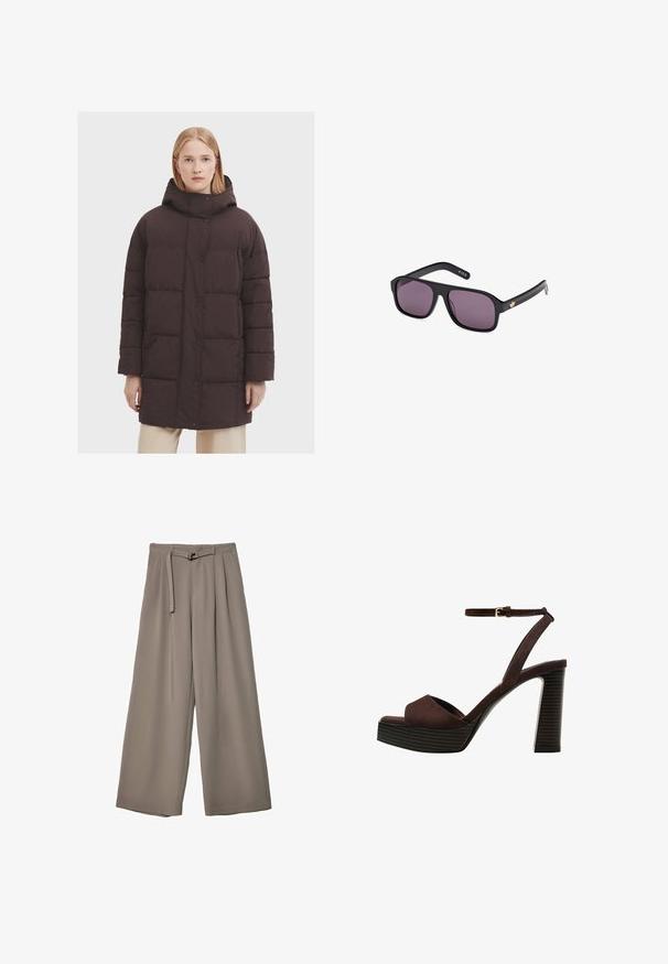 Brun pufferjakke med høj hals og hætte, der har en knaplukning og vandrette quiltede sektioner. Glat, mat tekstur.; Sort bomuld t-shirt med teksten "Mostly Magic" i hvid, prydet med dekorative perle detaljer. Korte ærmer, afslappet pasform, rund hals.; Vide ben bukser i et blødt, afdæmpet grå stof, med en bælte i taljen og plisseringer for ekstra designdetalje. Glat tekstur, ingen mønstre.; Brune ruskinds højhælede sandal med åben tå, justerbar ankelrem og en stribet plade sål.; Sorte solbriller med firkantet stel, mørke linser og et guld-logo på armen. Glat plastmateriale med mat finish.