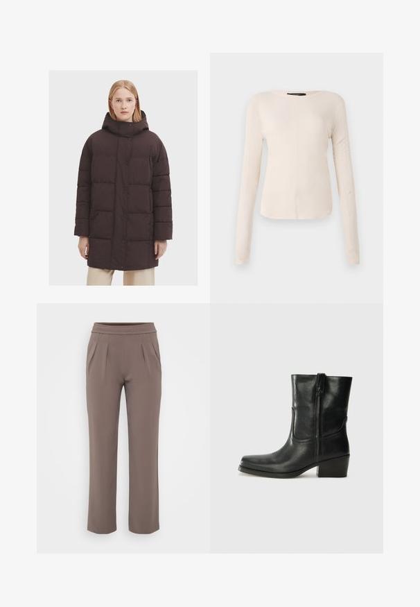 Giacca puffer marrone con colletto alto e cappuccio, caratterizzata da una chiusura con bottoni e sezioni trapuntate orizzontali. Texture liscia e opaca.; Maglietta a maniche lunghe di colore beige chiaro con scollatura rotonda. Realizzata in tessuto morbido, presenta una cucitura centrale e un orlo leggermente curvato. Senza hardware visibile.; Pantaloni taupe a vestibilità ampia con elastico in vita e pieghe frontali, realizzati in tessuto morbido.; Stivale ankle in pelle nera con punta arrotondata, tacco a blocco, cerniera laterale e dettagli in cucitura sulla tomaia. Texture liscia, design classico.